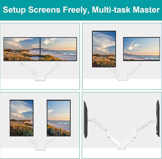 MOUNT PRO Dual Monitor Mount Fits 13 to 32 Inch Screen, Height Adjustable Monitor Stand for 2 Monitors, Full Motion Display Arm Holds up to 19.8lbs Each, Computer Desk VESA Mount, White - Image 5