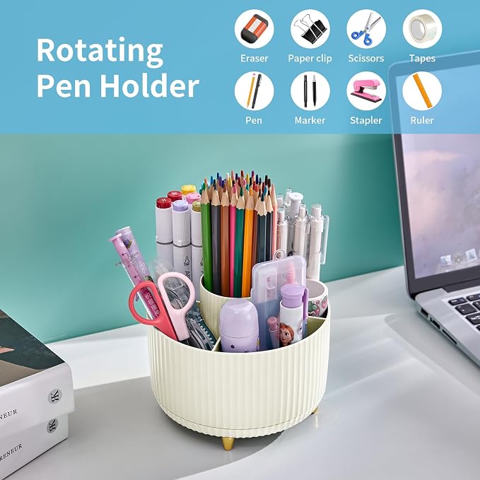 Marbrasse Desk Organizer, 360-Degree Rotating Pen Holder, 5-Compartment Pencil Organizer, Art Supply Storage Box Caddy for Office and Home (Ivory) - Image 3