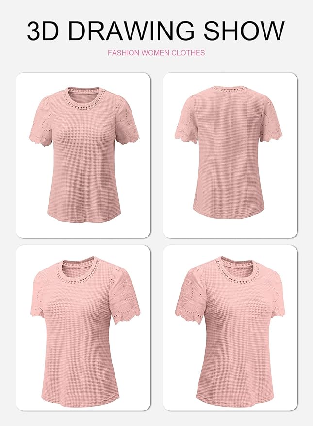 SHEWIN Womens Frenchy Summer Tops Crewneck Short Sleeve T Shirts Casual Waffle Knit Jacquard Blouses Top Shirts - Image 6