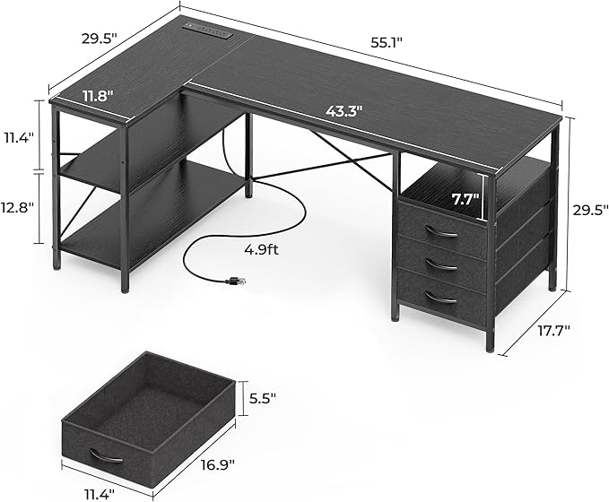 Huuger L Shaped Office Desk with Power Outlets, 55 Inch Computer Desk with 3 Drawers, Shelves, Reverisble for Gaming Corner Work Home Office Study, Black - Image 3