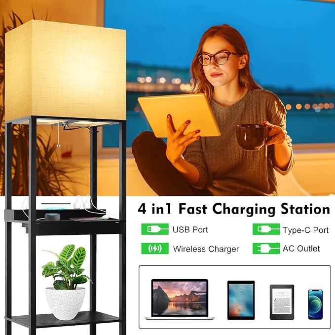 RUNTOP Plus Charging Station Floor Lamp with Wireless Charger, 2 USB-C Port, 2 Power Outlet, Floor Lamp with Shelves, 15W LED Bulb, 3 Colors, Memory Function, Standing Lamp for Living Room Bedroom - Image 2