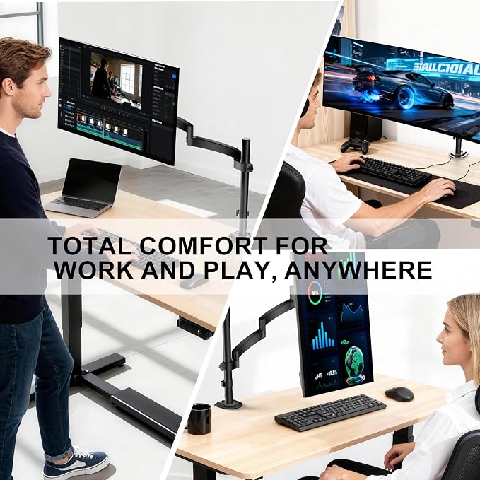 WALI Single Long Monitor Arm - Computer Monitor Arm Desk Mount for 13-32 inch, Hold up to 19.8lbs, Extra Long Adjustable Stand, Full Motion Tall Arm, VESA 75/100mm, (GSDM001L) - Image 7