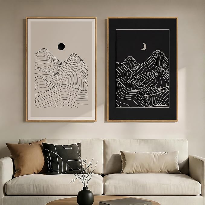 Large Framed Black and Beige Neutral Abstract Wall Art for Living Room, Set of 2 Modern Canvas Prints Paintings Artwork for Walls, Mountain and Moon Pictures for Bedroom Hallway Wall Decor 24x36 In by Cuspin