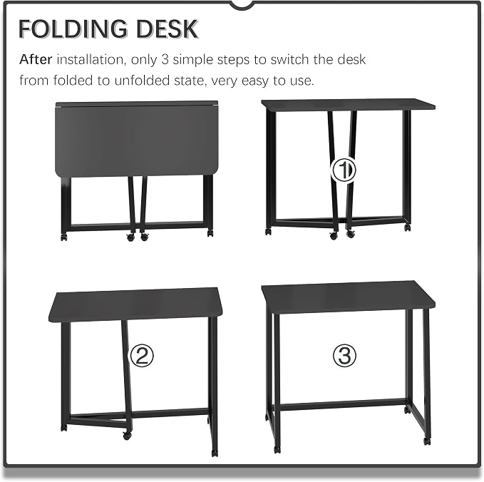 4NM 31.5" Mobile Small Folding Desk, Foldable Rolling Computer Home Office Desk, Study Writing Table for Small Space Saving Bedroom, with Wheels - All Black - Image 6