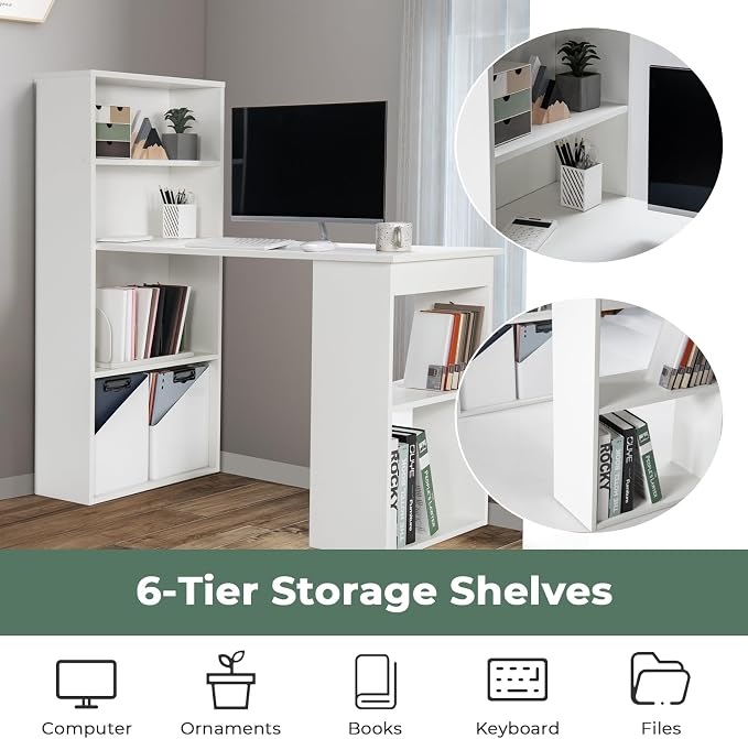 GRAFFY Computer Desk with 6 Storage Shelves - 48" Reversible Writing Desk Workstation with Bookshelf and CPU Stand, Modern Compact Office Desk for Bedroom, Study, Home, Office (White) - Image 4