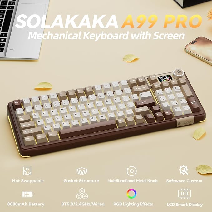 SOLAKAKA A99 Pro Mechanical Keyboard with LCD Screen & Metal Knob, Wireless Gaming Keyboard with BT5.0/2.4GHz/USB-C, Hot Swappable Creamy Keyboard, Gasket Structure, RGB Backlit, for Win/Mac - Image 2