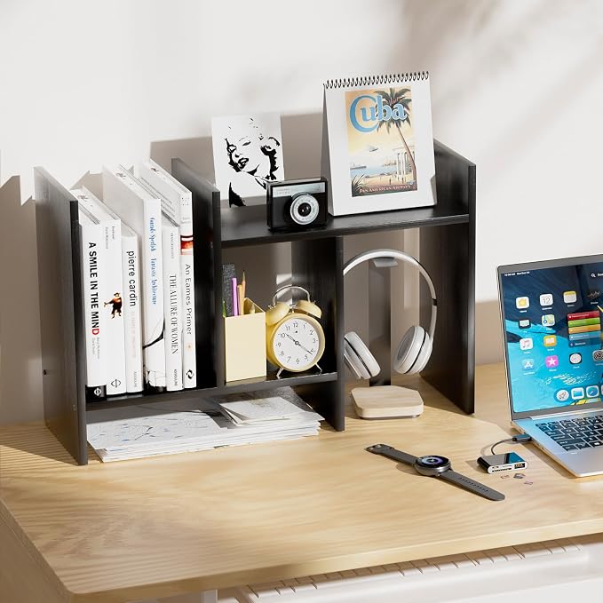 Desk Shelves Wood Desktop Orgnizer Shelf.Office Organization for Top of Desk Organizers and Accessories Bookshelf Shelving,Adjustable Tier H-Shape Mini Bookcase(Black) - Image 6