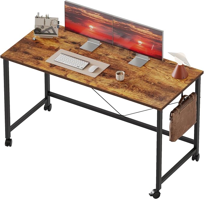 Mericonia 47x24 Inch Computer Desk with Wheels, Small Simple Rolling Desk | Writing Table for Home Office Bedroom Work Study, Brown by MERICONIA