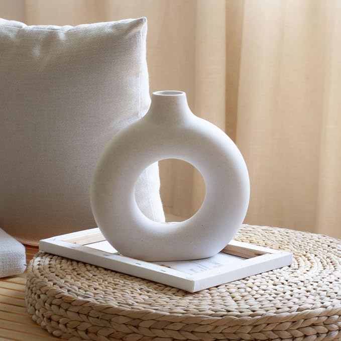 CEMABT White Donut Vase Hollow Ceramic Vase for Flowers Handmade Minimalist Boho ins Style Modern Home Decor for Wedding Dinner Table Party Living Room Office Bedroom（L，White） - Image 7