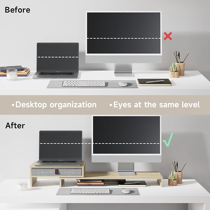 Fenge Computer Monitor Riser Stand with Drawer for 2 or 3 Monitors ,Adjustable Length and Angle Desktop Laptop Stand,Office Organizer,Printer,Oak - Image 7