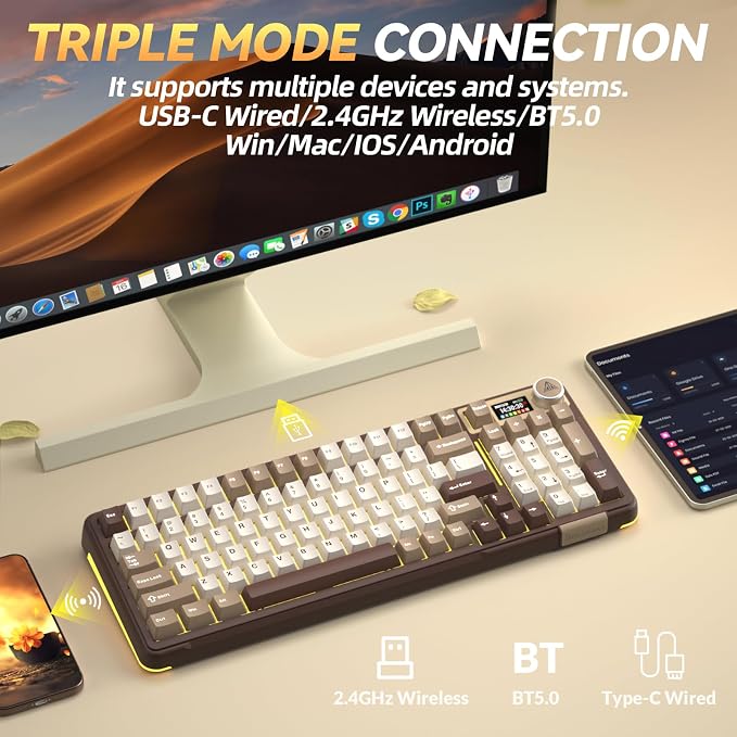 SOLAKAKA A99 Pro Mechanical Keyboard with LCD Screen & Metal Knob, Wireless Gaming Keyboard with BT5.0/2.4GHz/USB-C, Hot Swappable Creamy Keyboard, Gasket Structure, RGB Backlit, for Win/Mac - Image 3