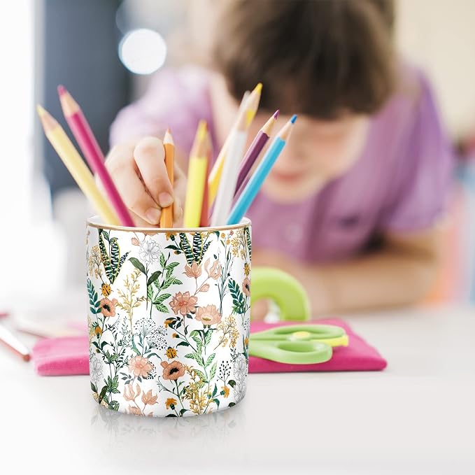 Large Capacity Colored Pen Holder for Desk, Ceramic Pencil Holder Pen Cup Marker Holder Makeup Brush Holders, Desk Accessories & Workspace Organizers for Home, Office, White Flower - Image 7