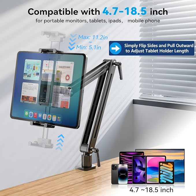 Jakeko Adjustable Portable Monitor Stand 15.6" - 360° Rotating Base Tall Tablet Desk Arm Holder Stand for iPad Air/Pro/Mini Swivel Flexible Clamp Mount Soporte para Tablet/Monitor Portatil/Ereader - Image 2