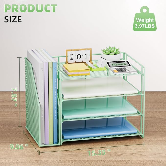 Marbrasse 4-Tier Paper Tray Organizer with File Holder, Green | Sturdy Paper Tray, Built-in File Holder, fits Letters/Docs, Saves Desk Space, for School/Office/Home - Image 3