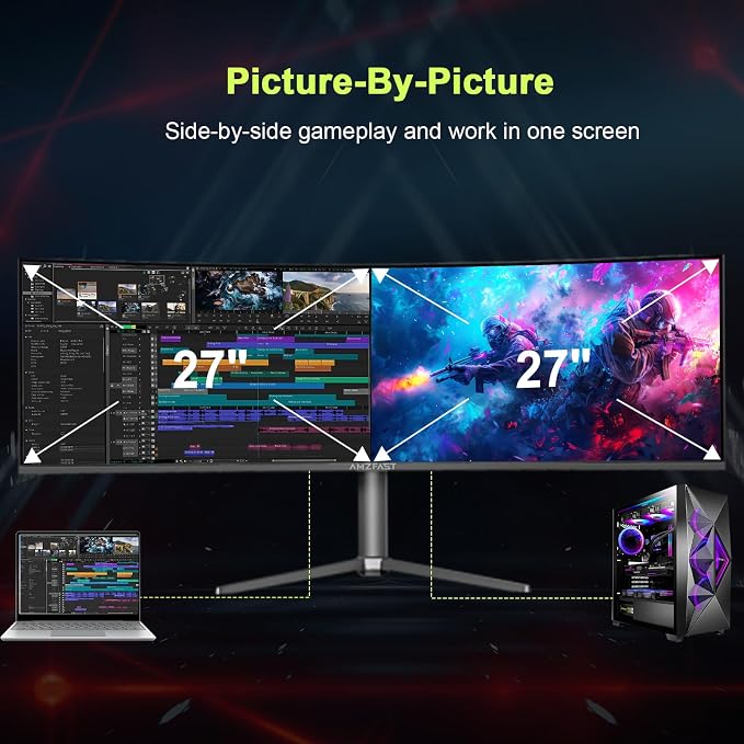 Amzfast 49 Inch Curved Monitor 120Hz DQHD (5120x1440) Ultrawide Gaming Monitor, 120% sRGB, 1500R, 1ms MPRT, HDR, Adaptive Sync, PIP/PBP, Height Adjustable, HDMI 2.0/DP 1.4, VESA 75x75, AMZG49C7U - Image 3