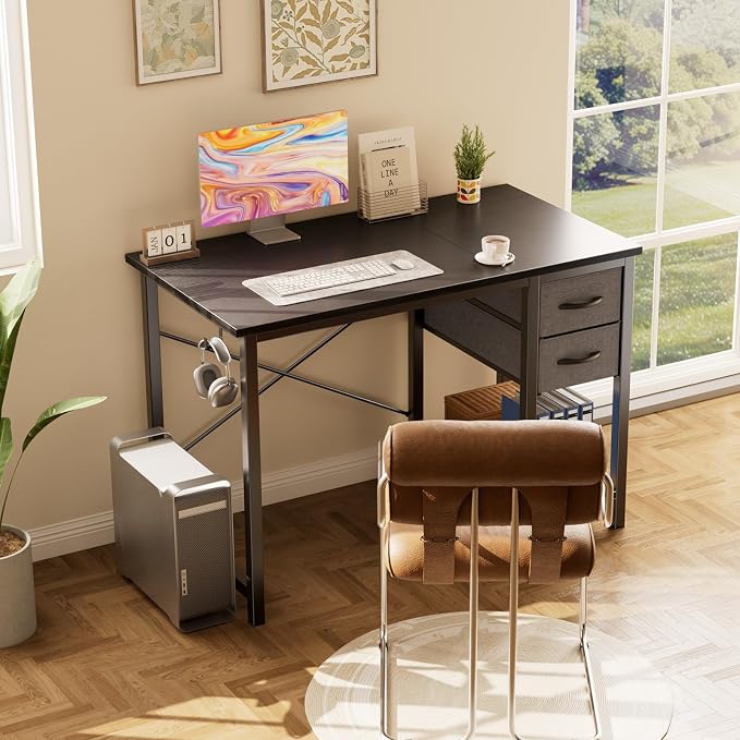 Sweetcrispy 40-Inch Computer Desk with Drawers, Office Desk, Black | Small Desk for Bedroom Home Office with Side Hook, Modern Simple desk with storage for Writing - Image 2