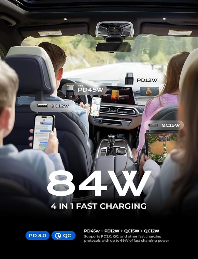 LISEN Retractable Car Charger, Duanl C Retractable Car Chagrer 84W Car Charger USB C Fast Charger Adapter, Car Accessories for Men Women, for iPhone 17 16 15 14 13 12 Pro Max, Grey - Image 6