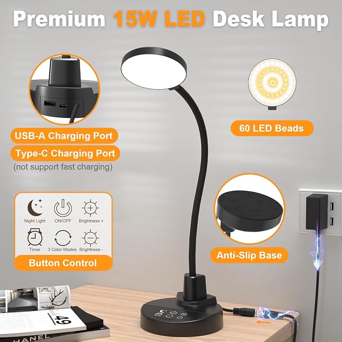 15W LED Desk Lamp with USB Charging Ports – Dimmable Table Lamp with 3 Color Temps, 5 Brightness, 4 Timers, Flexible Gooseneck Light with Base, Eye-Caring Reading Light for Home Office, Bedroom, Study - Image 8
