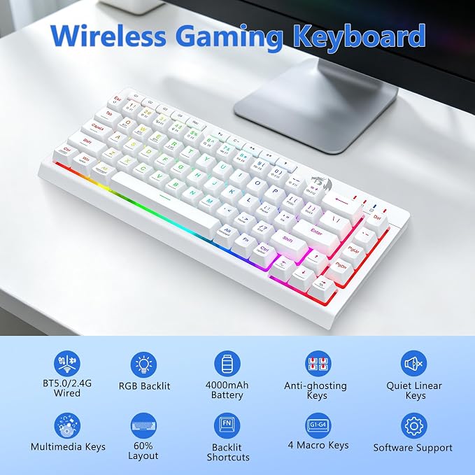 Redragon Wireless Gaming Keyboard and Mouse Combo, 60% Portable, White | Bluetooth/2.4G/USB-C Wired, RGB Backlit, Quiet Rechargeable Macro Membrane Keyboard & 12800 DPI Mouse for Win/MAC - Image 3