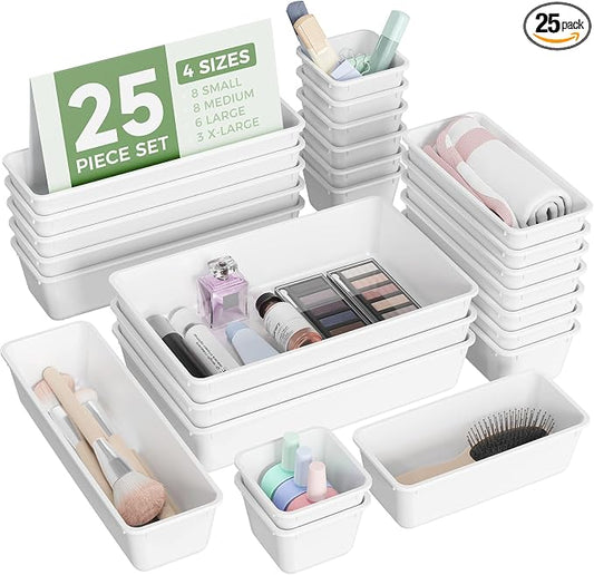 BiuLeon 25 PCS Plastic Drawer Organizers Set, 4-Sizes Vanity and Makeup Organizer, Desk and bathroom Drawer Organizer Trays, Organizers and Storage for Makeup, Jewelry, Gadgets, Utensils (White) by Unknown