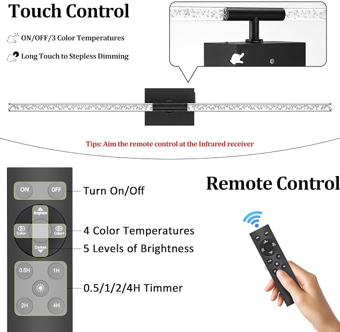 iThird Crystal Bubble Wall Sconces Set of 2: 10000mAh Rechargeable Wireless Lights with Remote & 360° Rotate, 4 Color Temps Dimmable, 31.5" Wall Lamp for Bedroom Living Room Mirror, Black - Image 4