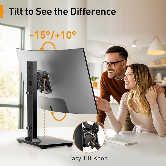 Perlegear Single Monitor Stand for 13–34 inch Screens up to 44 lbs | Heavy-duty steel, swivel, tool-free tilt, 360° rotation, 5 height settings, cable management, max VESA 100x100mm, home office - Image 4