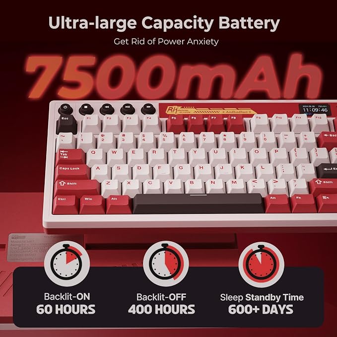RK ROYAL KLUDGE M87 Wireless Gaming Keyboard with Screen & Dual Knobs, Red | Bluetooth/2.4G/Wired, Hot Swappable Cream Switches, 5-Layer Noise Dampening Gasket Structure,Compact 75% Size for PC/WIN/Mac - Image 4