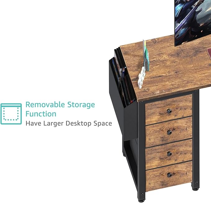 Lufeiya L Shaped Computer Desk with Drawers & Storage Shelves, 55 Inch Corner Desk with Power Outlet for Home Office Bedroom, L-Shaped Teen PC Gaming Desks with Fabric Drawer, Rustic Brown - Image 9