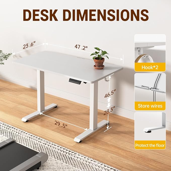 Veken Standing Desk, White, 47.2×23.6 Inch | Height Adjustable Sit Stand Up Computer Tables for Home Office, Study , Writing, Suit students, employees and group work - Image 3