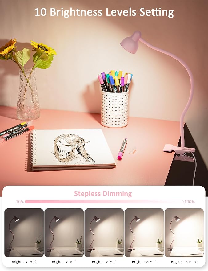 LiFMIRA Pink Small Desk Lamp Clip on LED Reading Light for Bed | 3 Color Modes 10 Dimmable Brightness, Book in Bed Headboard, Flexible Reading Lamp with Clamp BL08 - Image 3