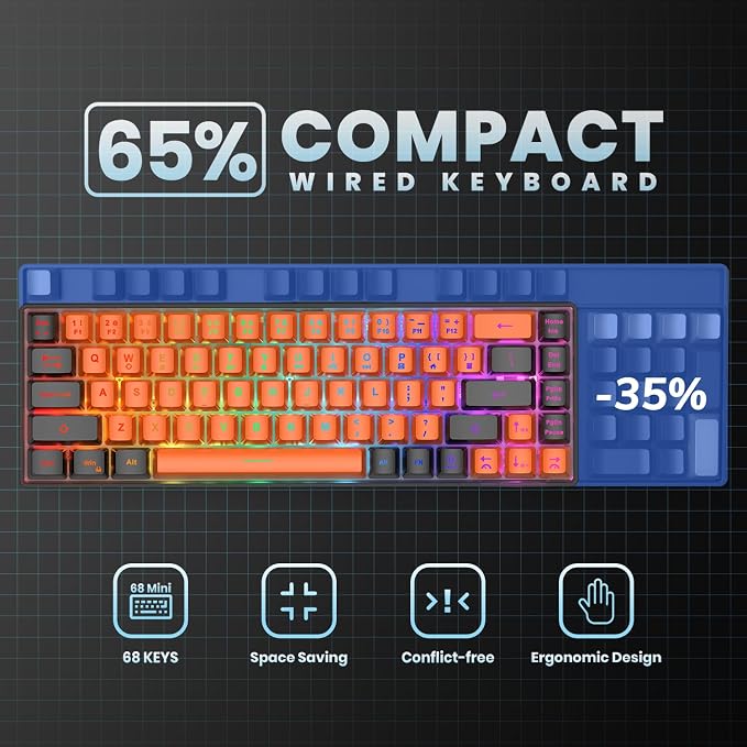 GEODMAER 65% Gaming Keyboard, LED Backlit Mini Wired Keyboard, Ultra-Compact Anti-Ghosting No-Conflict 68 Keys Membrane Gaming Wired Keyboard for PC Laptop Windows Gamer(Orange-Black) - Image 4