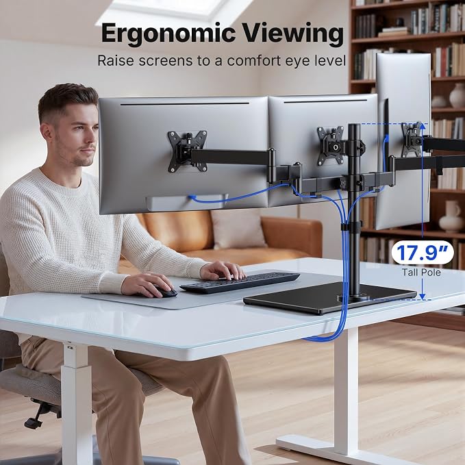 HUANUO Free Standing Triple Monitor Mount for 13-27 Inch Screens | Larger Tempered-Glass Base, Heavy Duty Thicker Steel, Tilt, Swivel, Rotation, Holds up to 22 lbs, VESA 75x75/ 100x100mm - Image 7