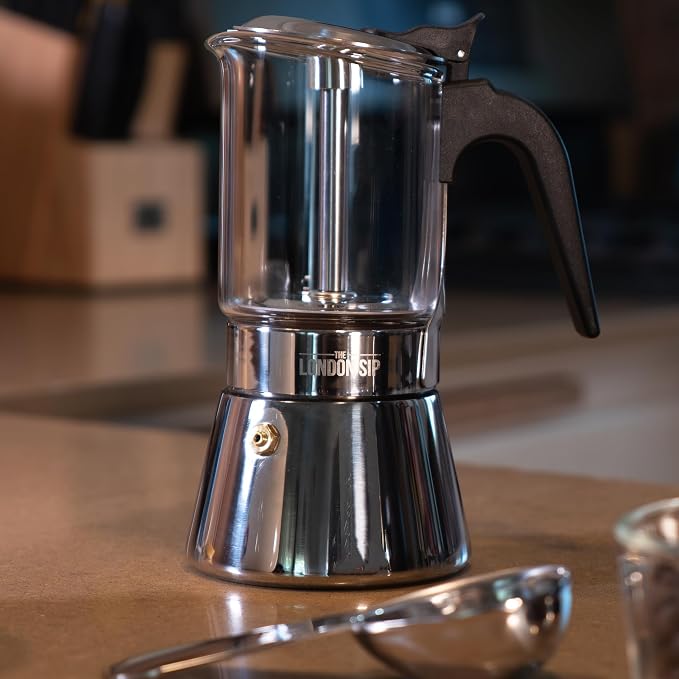 The London Sip Glass and Stainless Steel Stovetop Espresso Maker Moka Pot Italian Coffee Percolator, Glass, Medium (10.14 oz) - Image 5