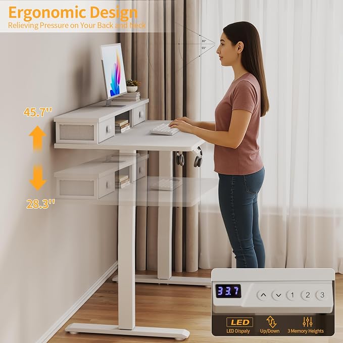 White Electric Standing Desk with Drawers - 40 Inch Small Standing Desk with Shelf Monitor Stand Storage Height Adjustable for Home Office, Study Writing Girls Computer Sit Stand Desks for Bedroom - Image 4