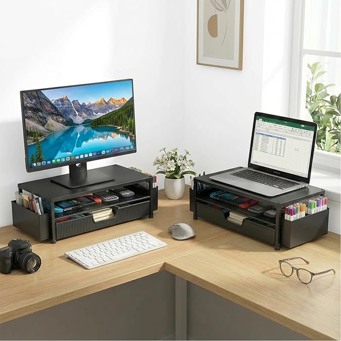 ECOLOVI Desk Organizer and Accessories, 2-Tier Computer Monitor Stand Rise with Storage Drawer & 2 Pen Holders, Laptop & Printer Stand for Desktop, Workspace Organizers for Office Supplies (Black 2-Pack)) - Image 3