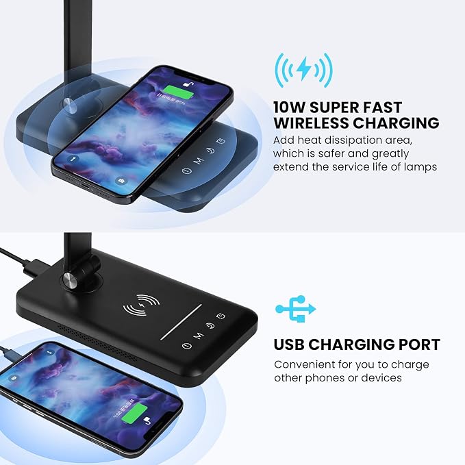 LED Desk Lamp with Night Light, Fast Wireless Charger, USB Charging Port, 10 Brightness, 5 Color Modes, Dimmable Bedside Table Lamp for Bedroom, Touch Control, Auto Timer, 1200Lux Super Bright - Image 2