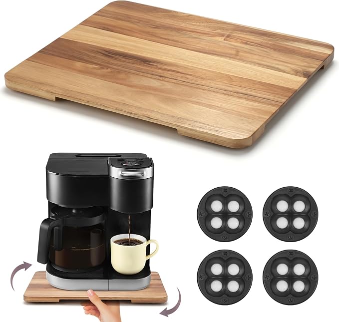 360°Rolling Tray Acacia Wood Kitchen Appliance Slider for Coffee Maker Pot | Countertops Sliding Tray Mat for Kitchen Appliances Easily Move Under The Cabinet Acacia 11.6"×13.9" by GIASSVIO