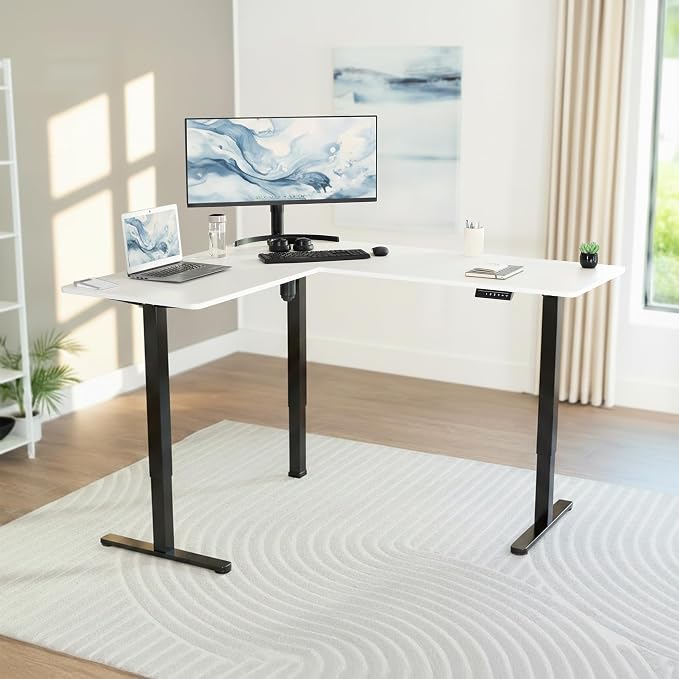 VIVO White 63 x 55 in Corner Standing Desk, DESK-E3CTBW | Electric, Reversible L-Shaped Table, Sit Stand, Height Adjustable, Memory Controller, Office Furniture Sets, Black Frame - Image 2