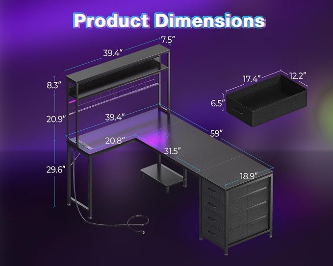 AODK L Shaped Desk Gaming Desk with LED Light & Power Outlet | 59 Inch Black Reversible L Shaped Computer Table with 4 Drawers for Home Office - Image 3