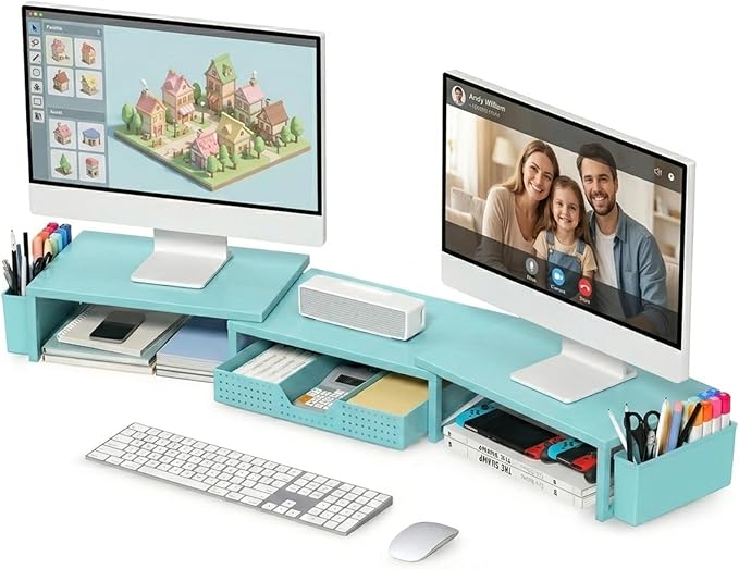 OPNICE Desk Organizers and Accessories, Dual Monitor Stand Riser with Drawer and 2 Pen Holders, Desk Shelf Metal Computer Monitor Stand for Office Workspace Organizers, Desktop Organization (Blue Metal) by OPNICE