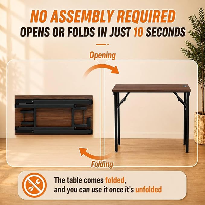 Folding Table Computer Desk - 35.8" No Assembly Folding Desk with Power Outlets & USB Charging Port, Small Desk, Foldable Office Desk, Compact Storage Portable Use for Small Space, Dark Walnut - Image 4
