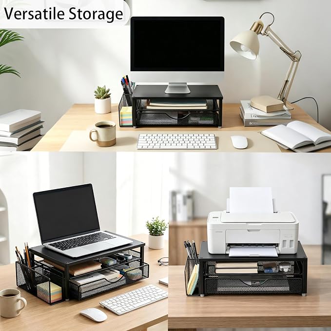 Spacrea Desk Organizer and Accessories, Computer Monitor Stand Riser with Drawer and 1 Open Pen Holder, Printer & Laptop Stand, Office Desk Accessories for Home Office Supplies (Black) - Image 3