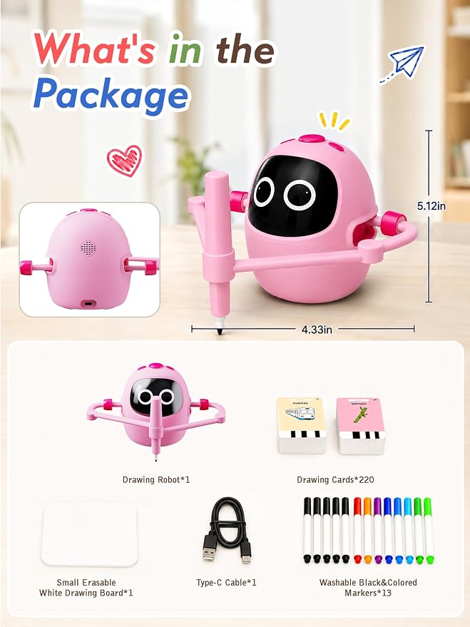Drawing Robot Toys for Kids, 220 Flash Cards Gift for 3-8 Years Old Boys Girls, Montessori Doodle Art Painting with Voice Interactive for Beginners, Birthday (Pink) - Image 8