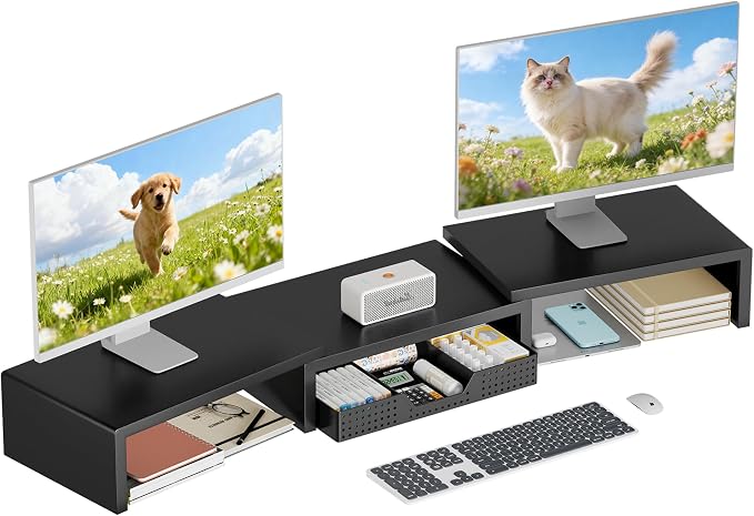 OPNICE Dual Computer Monitor Stand Riser, Desk Organizer with Drawer, Office Desk Accessories & Workspace Organizers for Home Office Supplies, Black - Image 8