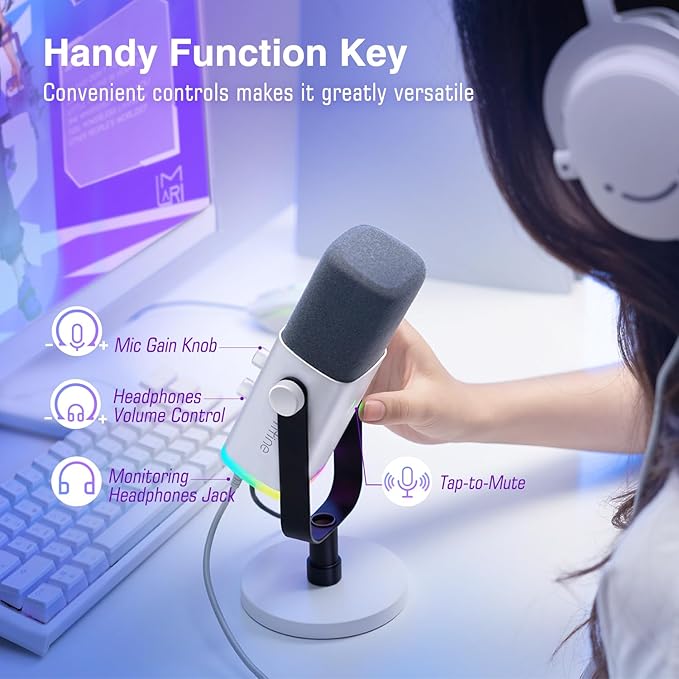 FIFINE AmpliGame AM8W XLR/USB Gaming Microphone for Streaming Podcasting | Dynamic PC Computer RGB Mic, with Gain Knob, Mute Button, Monitoring Jack, for Gamer Recording Video Creation, White - Image 5
