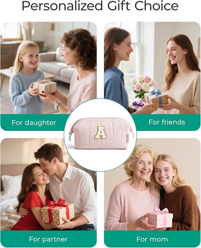 BAGSMART Birthday Gifts Personalized Initial Makeup Bag, Trendy Stuff Gifts for Women Bridesmaid Graduation, Puffy Padded Make Up Bags for Women, Wide-open Toiletry Bag, Pink E - Image 2