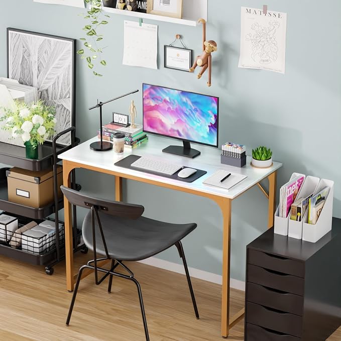 PayLessHere | 39 Inch Computer Desk | White Gold | Sturdy Office Desk | Metal Frame, Adjustable Feet | Water-Resistant, Scratchproof Surface | Writing Table for Home Office or Study | Pack of 1 - Image 2