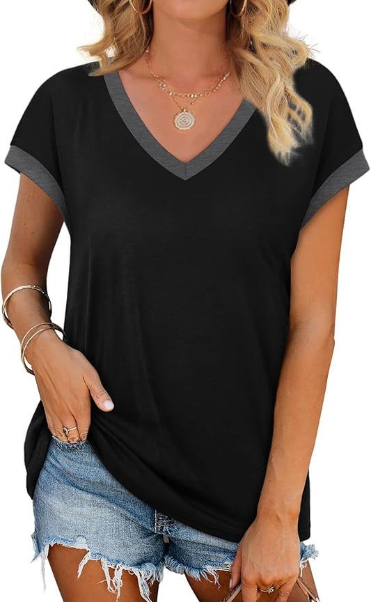 WIHOLL Womens Summer Tops 2026 Cap Short Sleeve Shirs V Neck T Shirts Fashion Beach Vacation Clothes Color Block by WIHOLL
