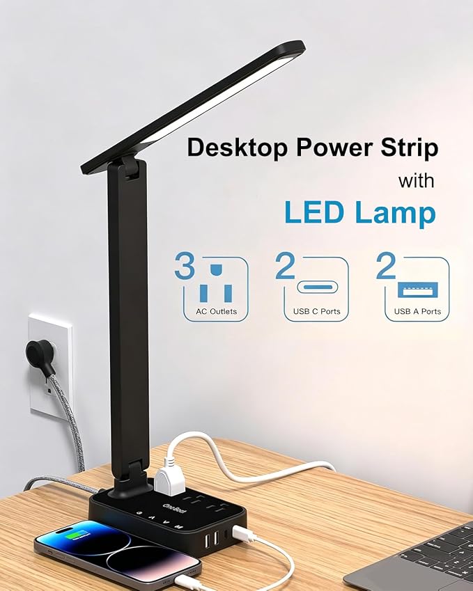 LED Desk Lamp Power Strip with 4 USB 3 Outlets, Dorm Room Essentials, Black | One Beat 4 Modes 5 Level Brightness Touch Lamp, Small Desk Lamp for Home Office College Dorm Essentials, Study Reading Light - Image 2
