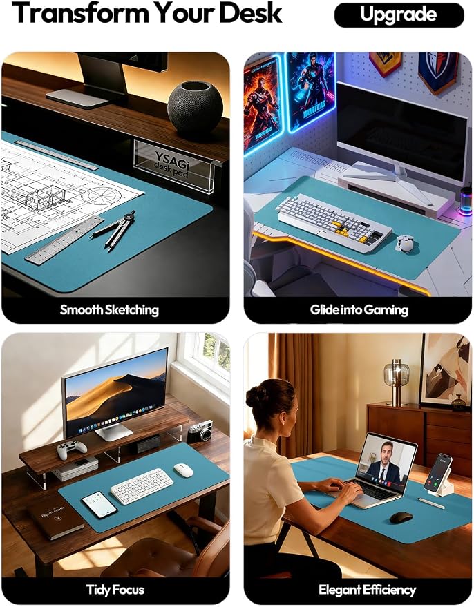 YSAGi Leather Desk Pad Protector, Office Desk Mat, Large Mouse Pad, Non-Slip PU Leather Desk Blotter, Laptop Desk Pad, Waterproof Desk Writing Pad for Office and Home (Turquoise, 31.5" x 15.8") - Image 2